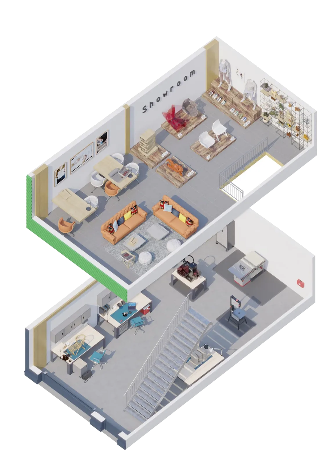 3D-Schnitt durch ein Gewerbemodul: Erdgeschoss mit Werkstatt und Obergeschoss als Showroom – Erdgeschoss hervorgehoben